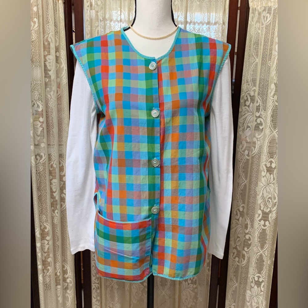 VINTAGE HANDMADE MULTI COLOR BUTTON DOWN DUSTER APRON